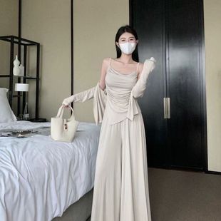 套装 大码 垂感阔腿裤 女秋季 胖妹妹高级感慵懒风不规则吊带防晒开衫