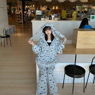 ins潮流 宽松休闲阔腿开衫 秋冬新款 印花星星满印耳朵连帽卫衣套装