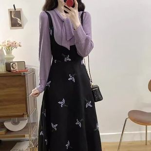 法式 长袖 女装 裙秋冬大码 复古收腰显瘦背带裙 紫色连衣裙假两件套装