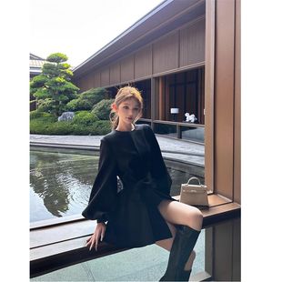 连衣裙女秋冬显瘦风衣外套裙 绑带收腰西装 大码 胖mm千金灯笼袖