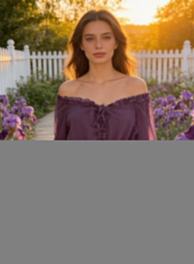 夏季收腰显瘦气质衬衣设计感露肩小上衣一字领紫色长袖雪纺衬衫女