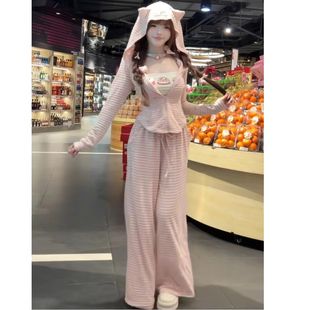 女 三件套装 慵咪早秋网红风条纹连帽外套背心吊带阔腿裤 长裤