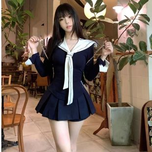 上衣百褶裙学院风辣妹套装 2025秋季 长袖 撞色拼接设计披肩修身 新款