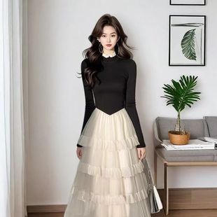 修身 秋季 撞色拼接连衣裙2025早秋款 长袖 显瘦减龄高贵气质裙子 新款