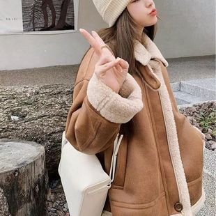 韩系仿羊羔毛外套女冬季 加厚保暖宽松设计感皮毛一体棉服 2025新款