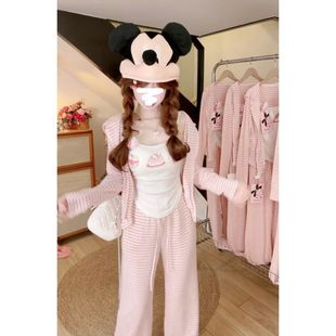 直筒 卫衣耳朵外套阔腿长裤 超甜妹三件套吊带内搭长袖 条纹开衫