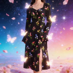 中长裙子法式 女装 复古好看收腰侧开叉连衣裙潮 春秋大码 2025新款