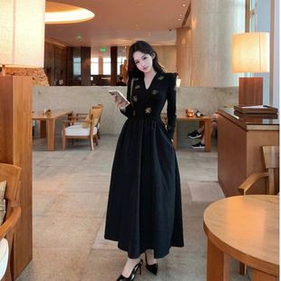 收腰显瘦裙子气质a字裙长裙 连衣裙女秋季 赫本风法式 黑色烫钻长袖