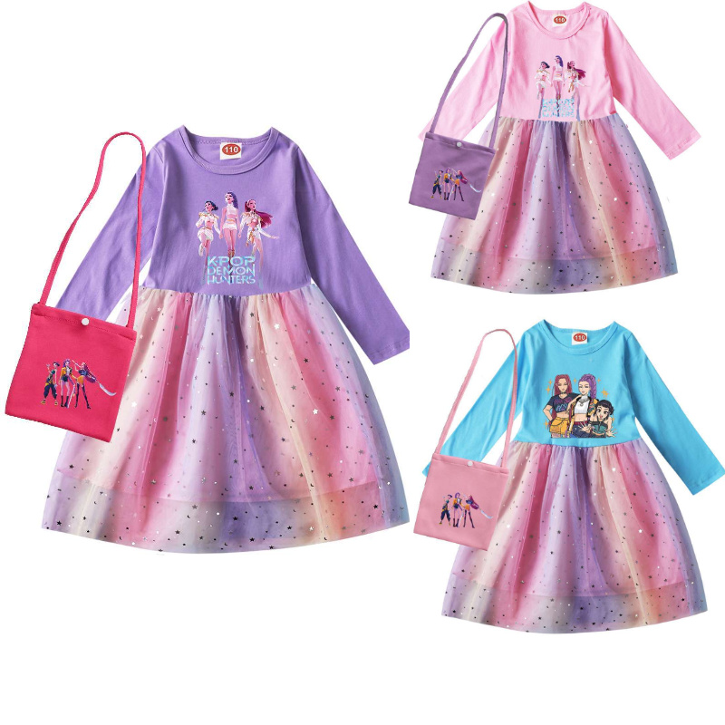 万圣节儿童长袖连衣裙KPOP女童网纱裙Kpop Demon Hunters长裙包包
