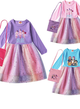 万圣节儿童长袖连衣裙KPOP女童网纱裙Kpop Demon Hunters长裙包包