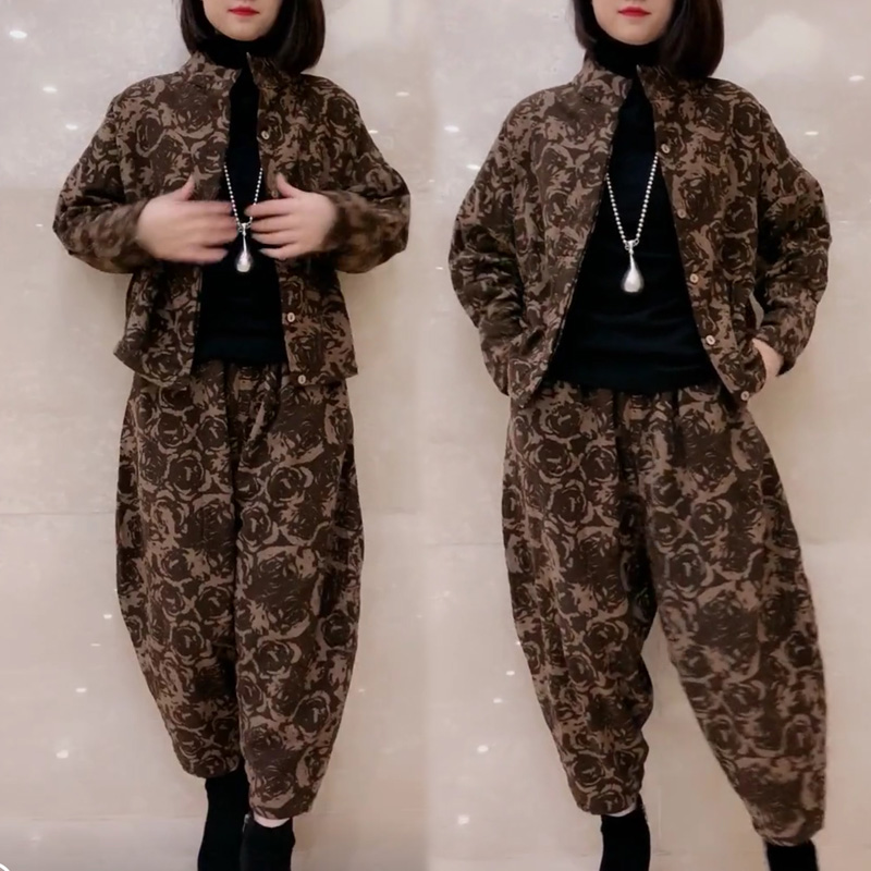 套装女冬季加绒加厚妈妈装棉麻复古两件套宽松大码哈伦裤马裤潮女