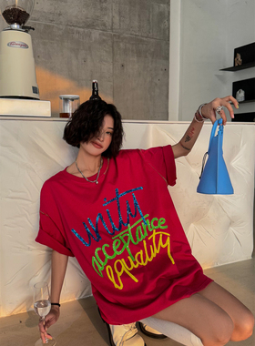 JL SUNFLOWER白色宽松纯棉中长款短袖t恤女春季新款粉色亮片上衣