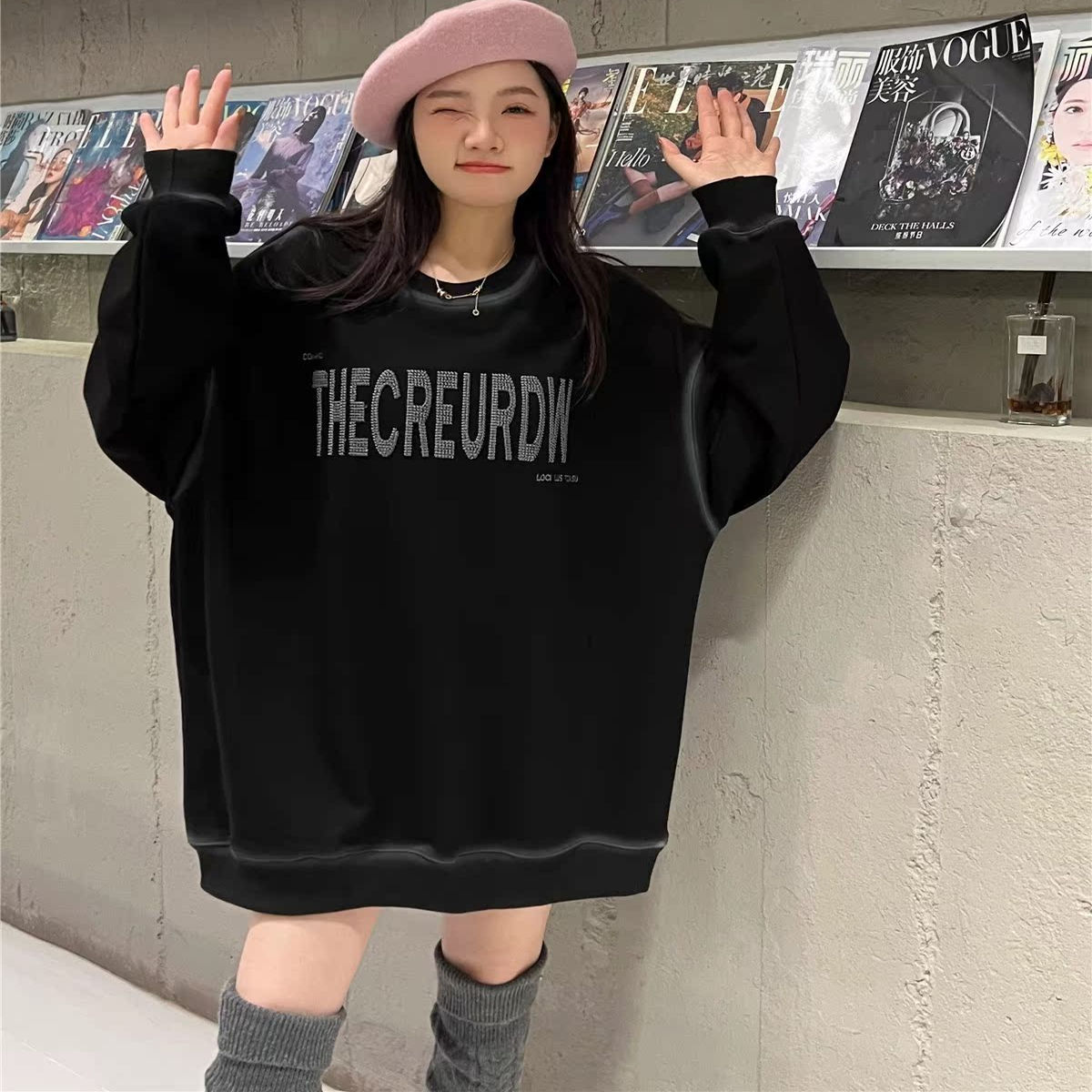 中长款冬季刺绣加绒卫衣女