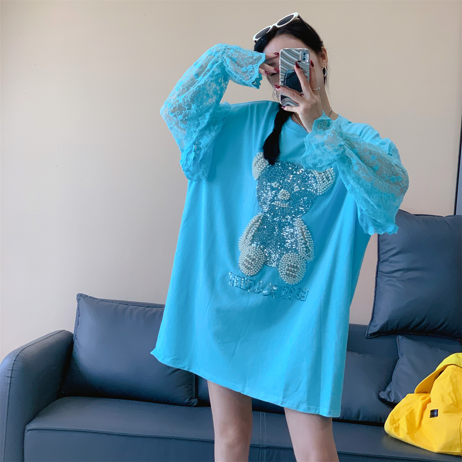 欧洲站2026春季中长款小熊卫衣女宽松韩版蕾丝喇叭袖亮片上衣潮T