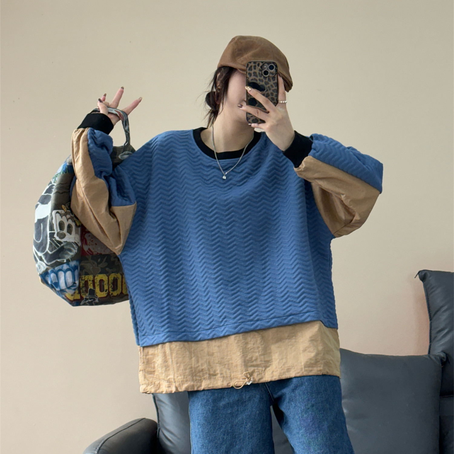 欧洲站春季大码女装撞色拼接假两件抽绳卫衣韩版宽松显瘦bf风上衣