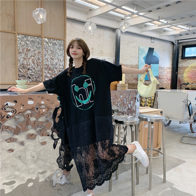 JL SUNFLOWER重工亮片蕾丝短袖t恤女宽松显瘦字母笑脸设计感上衣