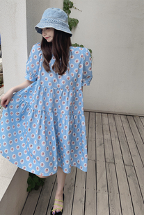 韩国东大门2022新款法式波点露背连衣裙女夏季宽松中长款碎花裙子