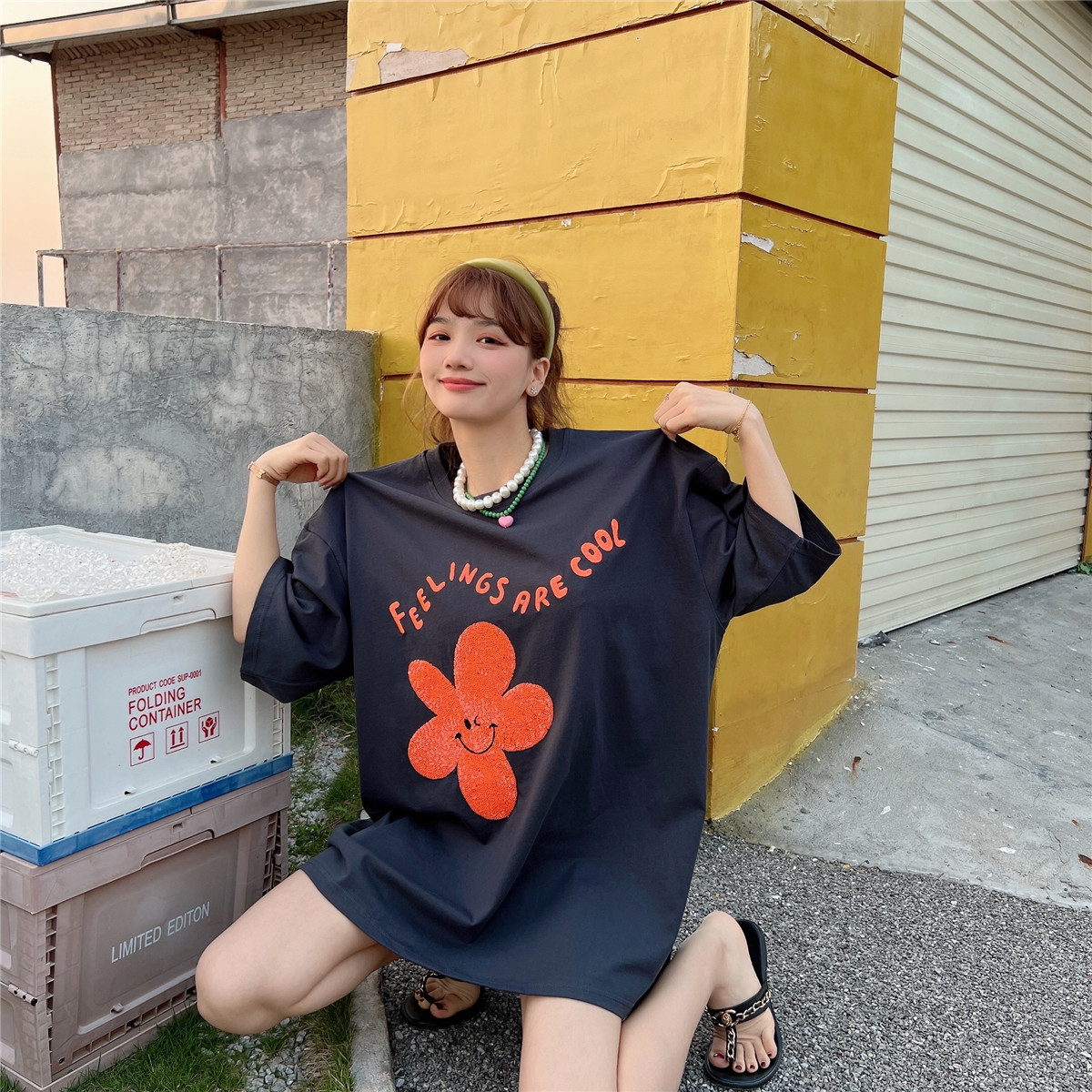 JL SUNFLOWER新款春装刺绣花朵休闲上衣女宽松中长款纯棉短袖t恤