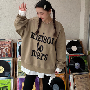 JL SUNFLOWER春季大码宽松圆领长袖亮片字母卫衣女装重工刺绣上衣