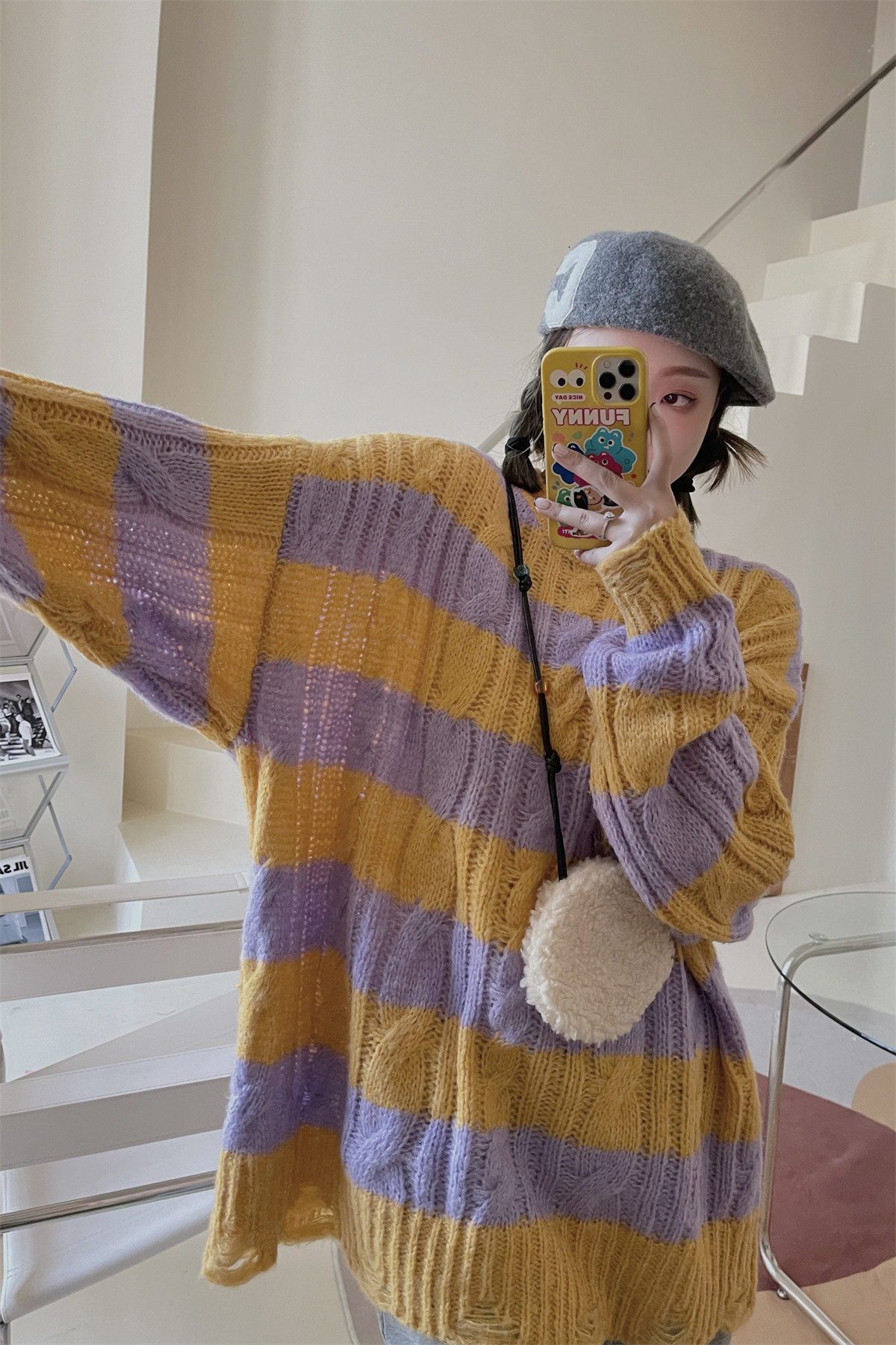 秋季绿色中长款休闲慵懒风毛衣女宽松大码拼接条纹长袖针织衫上衣