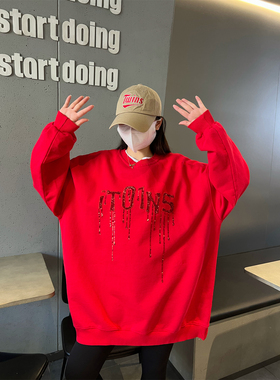 JL SUNFLOWER春季大码圆领红色刺绣卫衣女设计感小众宽松亮片外套