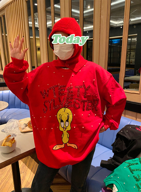 JL SUNFLOWER春季重工刺绣卡通钉珠红色大版卫衣女款宽松休闲外套