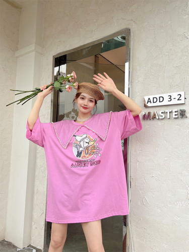 夏季宽松卡通印花刺绣短袖t恤女