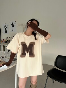 JL SUNFLOWER宽松字母印花短袖加厚磨毛t恤女秋冬纯棉打底衫上衣