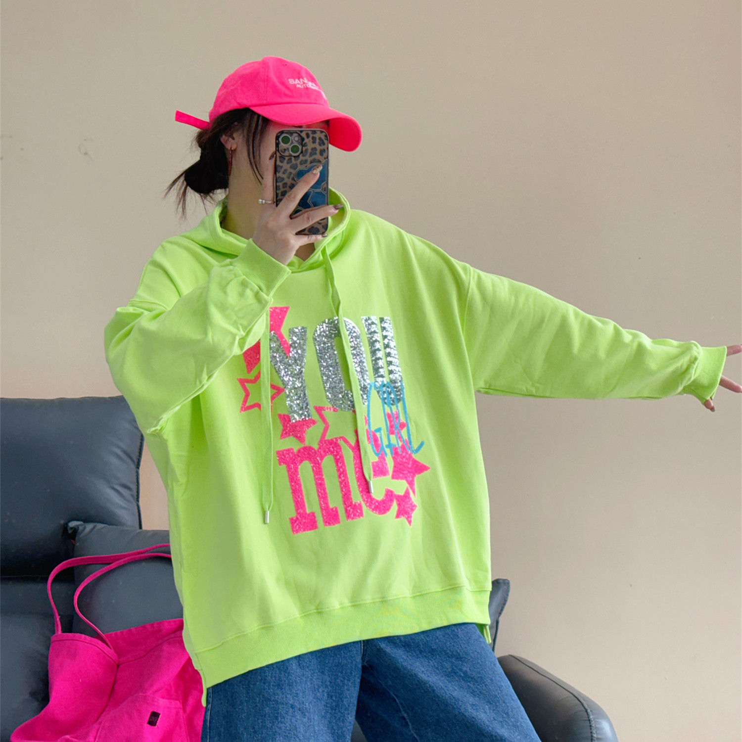 2026春季加厚潮牌连帽卫衣女bf风重工亮片中长款大板宽松休闲上衣