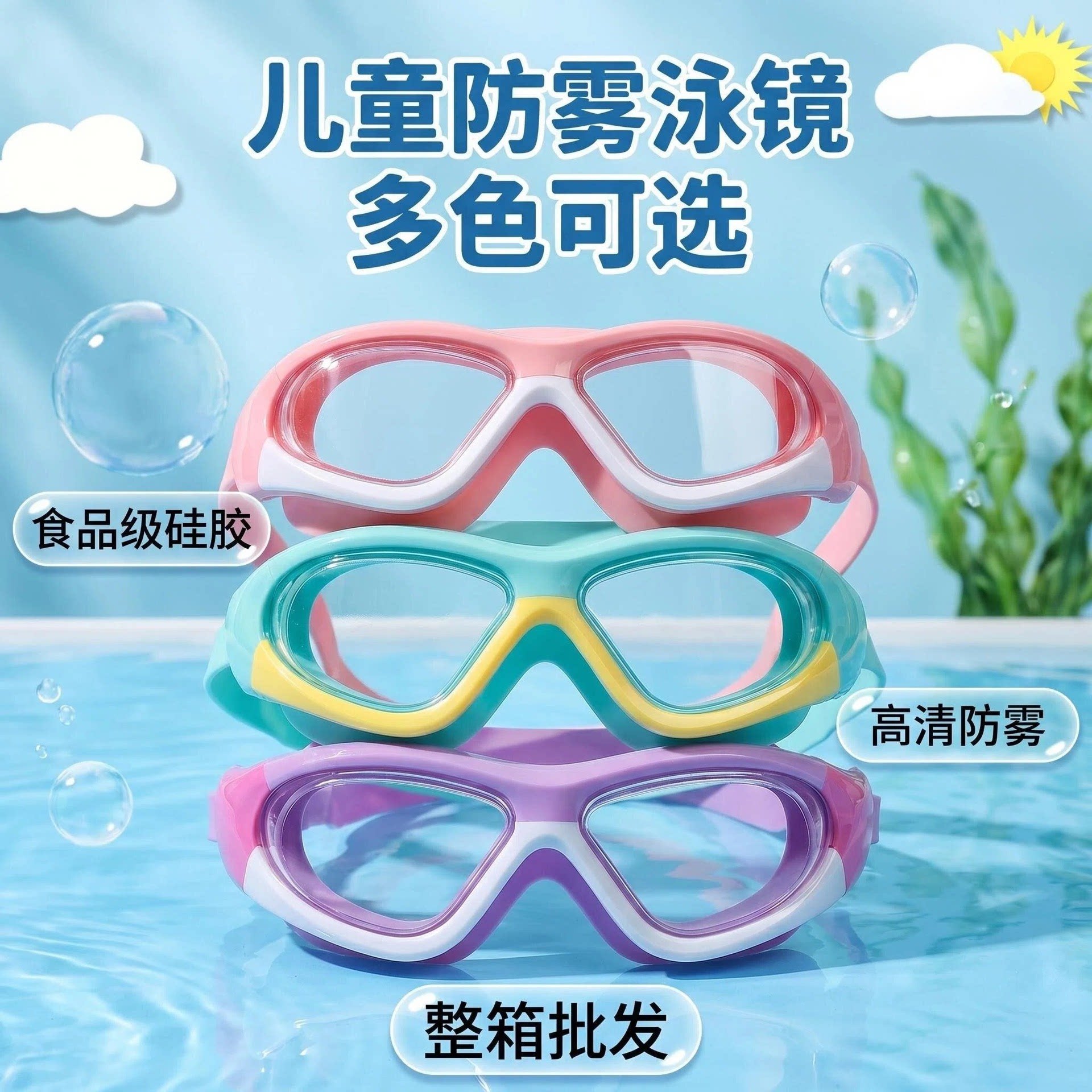儿童大框泳镜高清防水防雾游泳眼镜连体耳塞泳镜套装