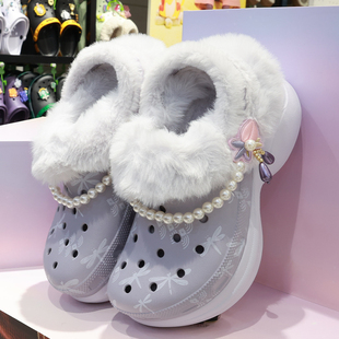 crocs洞洞鞋卡洛驰女鞋梨花月鲸鱼暖棉厚底加绒保暖棉拖鞋211977