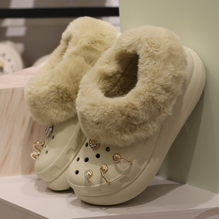 208446 户外泡芙暖棉洞洞鞋 CROCS女鞋 卡骆驰保暖毛毛沙滩厚底冬季