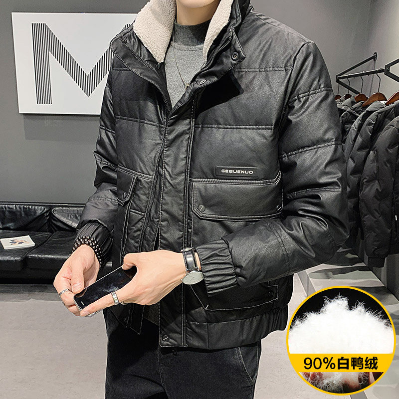 90%白鸭绒 2020冬装新款短款羊羔毛领皮羽绒服男2001图片