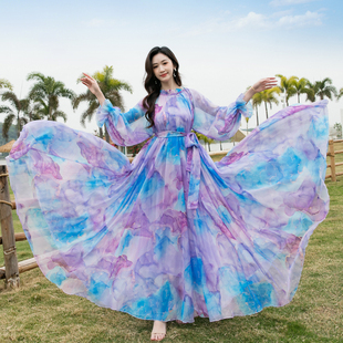 超大裙摆雪纺仙女连衣裙海边长袖 及踝长袖 及踝沙滩裙子 大码 长款