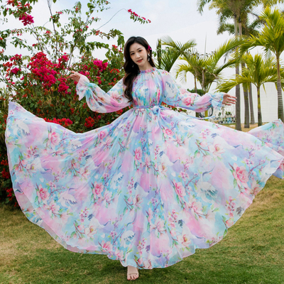 波西米亚大摆印花雪纺连衣裙