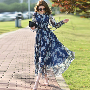 长裙夏连衣裙长袖大码女新款气质雪纺仙气沙滩裙大摆显瘦裙子