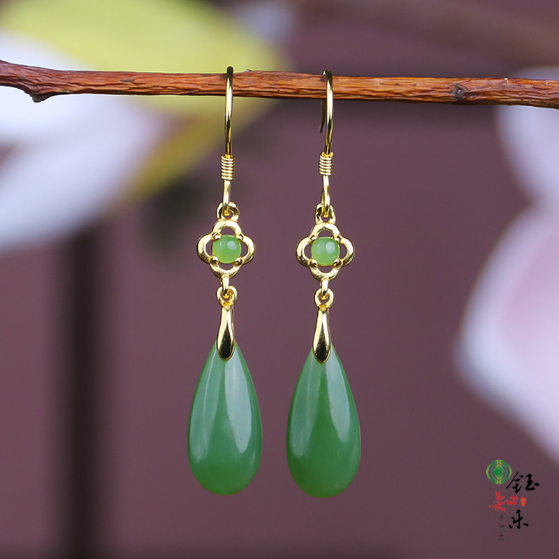 S925银和田玉碧玉水滴银镀金耳钩微黑点玉耳坠银耳钩811524,珠宝/钻石/翡翠,耳饰,淘宝优惠券,粉丝福利购,淘宝优惠卷