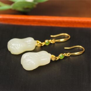 S925银和田玉晴水白色大白菜金色耳钩玉耳环8116580