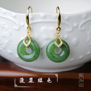 S925银镀金和田玉碧玉平安扣耳坠耳环耳饰811325