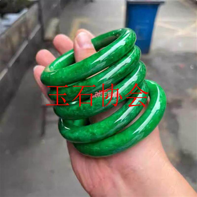翡翠色手镯冰糯种干青铁龙生圆条飘花玉石镯子小众感新中式国风款