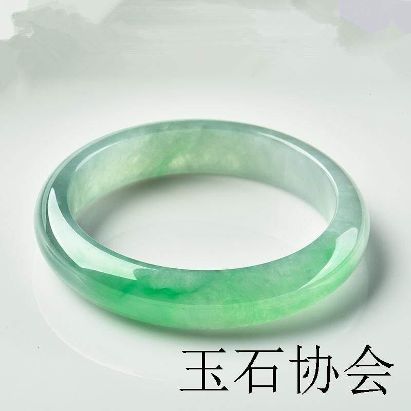 缅甸老坑冰种飘绿翡翠色窄版手镯女款送人礼物浅绿飘花正圈玉镯子