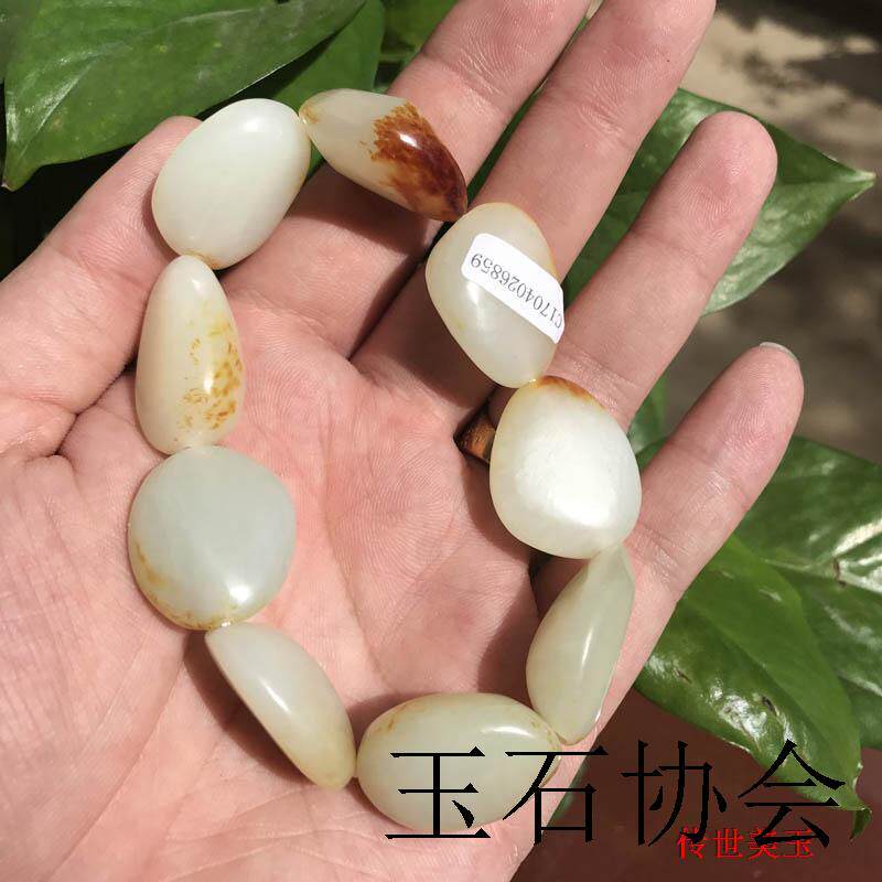传世收藏新疆和田玉白玉籽料原石红皮手链玉手串青白玉随形玉珠串