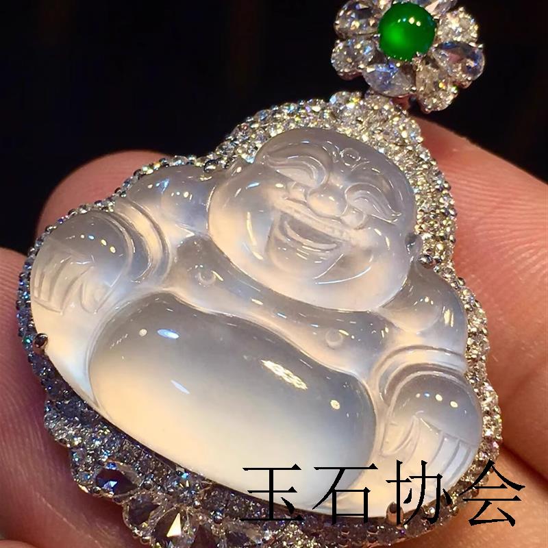 缅甸翡翠玻璃种起胶感玉佛公吊坠媲美精选挂件独龙玉弥勒佛银饰