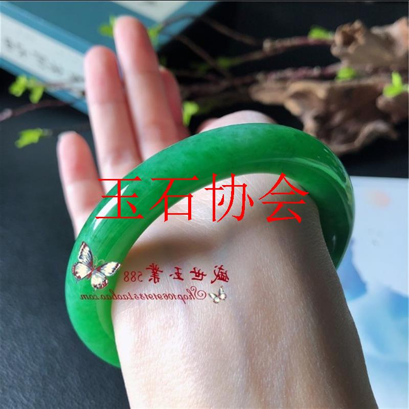 缅甸翡翠色圆条玉石镯冰种祖母绿色阳绿飘花女款平安正圈镯子送礼