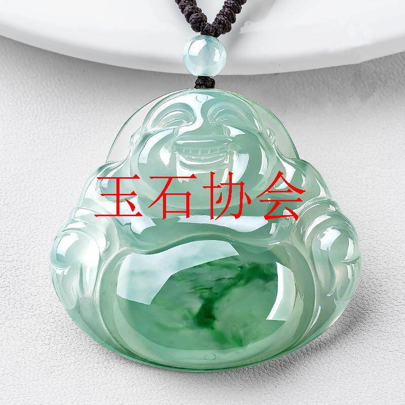 缅甸老坑料冰种浅绿飘花玉佛翡翠色吊坠女款弥勒佛笑佛银镶嵌项链