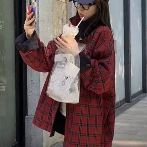2026年春款风衣外套女两面穿格子外套上衣宽松休闲学院风外套上衣