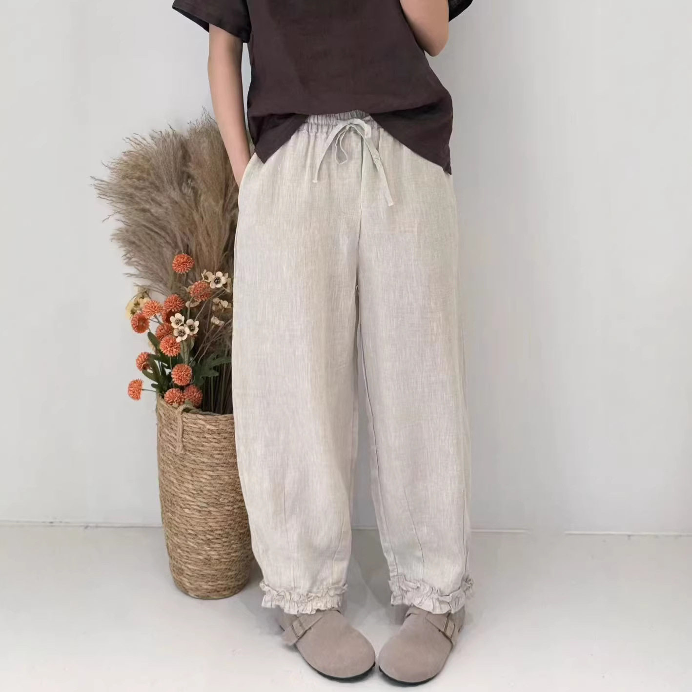 2026年春款休闲裤女纯亚麻花边裤九分裤女宽松休闲慵懒风裤子薄款