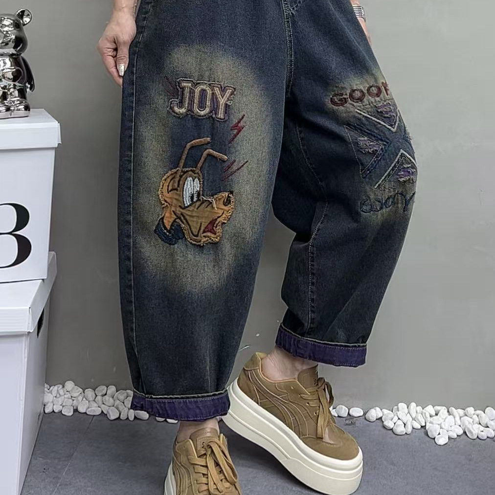 26年春款牛仔裤女刺绣卡通字母哈伦松紧腰裤子九分裤宽松休闲裤子