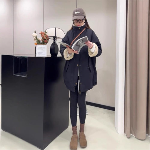 欧货立领加绒加厚羊羔毛棉服女2024秋冬季休闲小个子派克服外套