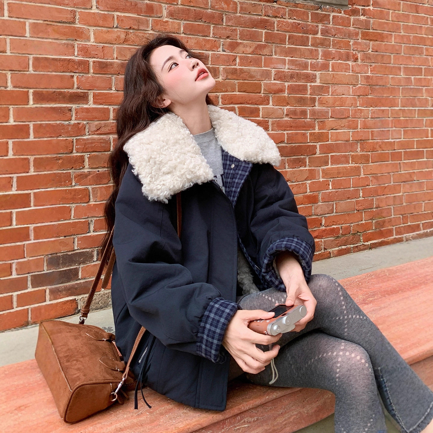 复古格纹拼接派克棉服女2025冬季加绒加厚超好看洋气独特棉衣棉服